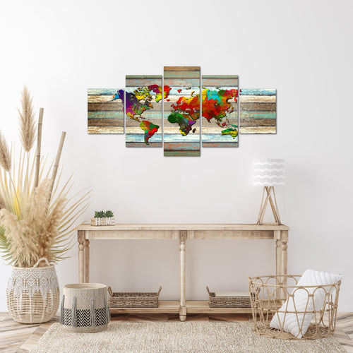 Runa Art Wandbilder Weltkarte 5 Teilig Bild auf Vlies Leinwand Deko Büro Wohnzimmer Vintage Holz Bunt 105452a