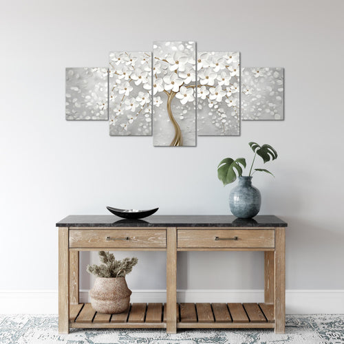 Runa Art Wandbilder Blumen 5 Teilig Bild auf Vlies Leinwand Deko Wohnzimmer Abstrakt Baum Weiss Gold 039752a