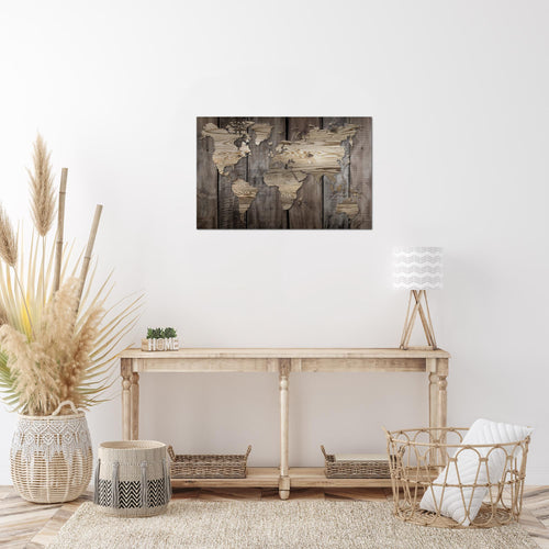 Runa Art Bild Weltkarte Modern Wandbilder Büro Wohnzimmer 1 Teilig - Made In Germany - Holzoptik Beige Braun Flur 035015b