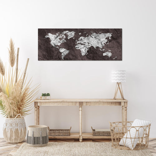 Runa Art Wandbild Weltkarte 1 Teilig 100 x 40 cm Modern Bild auf Vlies Leinwand Landkarte Beton Büro Wohnzimmer Braun 002912b