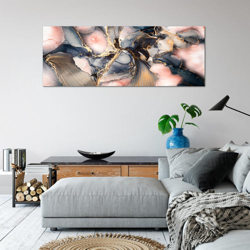 Runa Art Wandbild Abstrakt 100 x 40 cm Modern Bild auf Vlies Leinwand Pastel Wohnzimmer Schlafzimmer blau rosa Gold 043812a