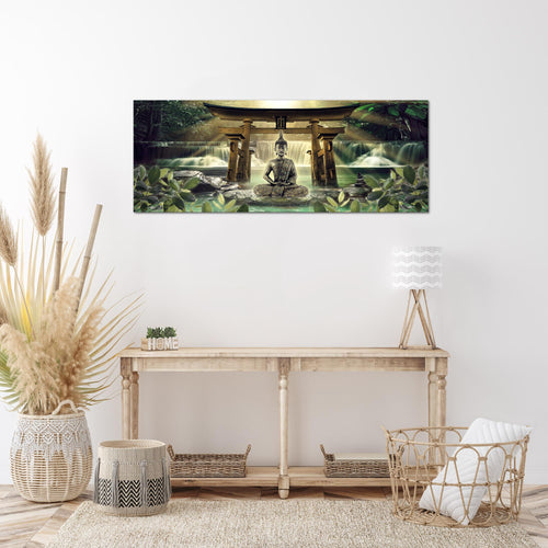Runa Art Wandbild Feng Shui Buddha 1 Teilig 100 x 40 cm Modern Bild auf Vlies Leinwand Spa Wohnzimmer Schlafzimmer Grün Braun 036412a