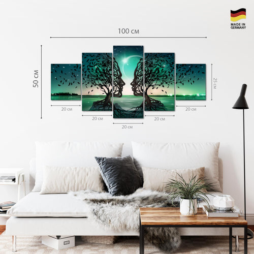 Runa Art Wandbilder Liebespaar 5 Teilig Bild auf Vlies Leinwand Deko Wohnzimmer Schlafzimmer Abstrakt Baum Türkis 044852a