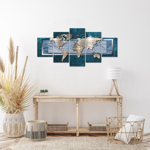 Runa Art Wandbilder Weltkarte 5 Teilig Bild auf Vlies Leinwand Deko Büro Wohnzimmer Kontinente Metall Blau 106752c