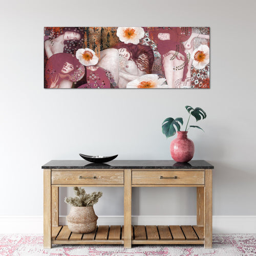 Runa Art Wandbild Collage Gustav Klimt 1 Teilig 100 x 40 cm Modern Bild auf Vlies Leinwand Alte meister Wohnzimmer Rosa 018512b