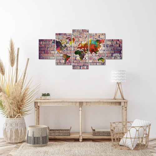 Runa Art Wandbilder Weltkarte 3D Effekt 5 Teilig Bild auf Vlies Leinwand Deko Büro Wohnzimmer Ziegel Bunt Braun 106952c