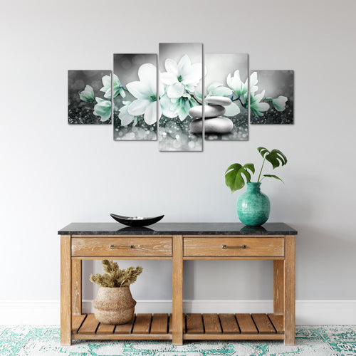 Runa Art Wandbilder Blumen Magnolien 5 Teilig Bild auf Vlies Leinwand Deko Wohnzimmer Abstrakt Grau Türkis 035452b