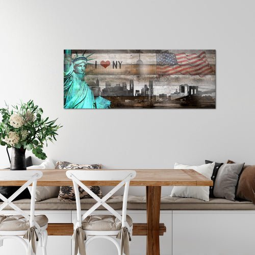 Runa Art Wandbild New York City 1 Teilig 100 x 40 cm Modern Bild auf Vlies Leinwand Freiheitsstatue Wohnzimmer Büro Türkis Braun 034212c