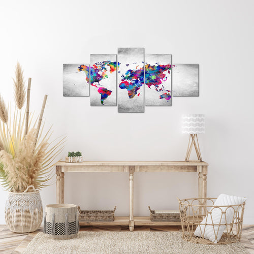 Runa Art Wandbilder Weltkarte 5 Teilig Bild auf Vlies Leinwand Deko Büro Wohnzimmer Vintage Kontinente Bunt 013352b