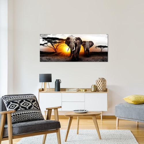 Runa Art Wandbild Afrika 100 x 40 cm Modern Bild auf Vlies Leinwand Orange Wohnzimmer Schlafzimmer Büro Elefanten 007612a
