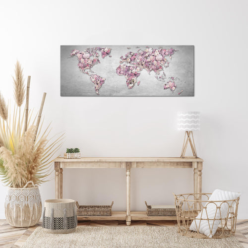 Runa Art Wandbild Weltkarte Blumen 1 Teilig 100 x 40 cm Modern Bild auf Vlies Leinwand Steinwand Wohnzimmer Grau Rosa 023212a