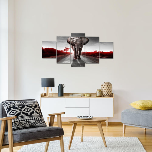 Runa Art Wandbilder Afrika Elefant 5 Teilig Bild auf Vlies Leinwand Deko Wohnzimmer Schlafzimmer Tiere Rot Grau 042652b