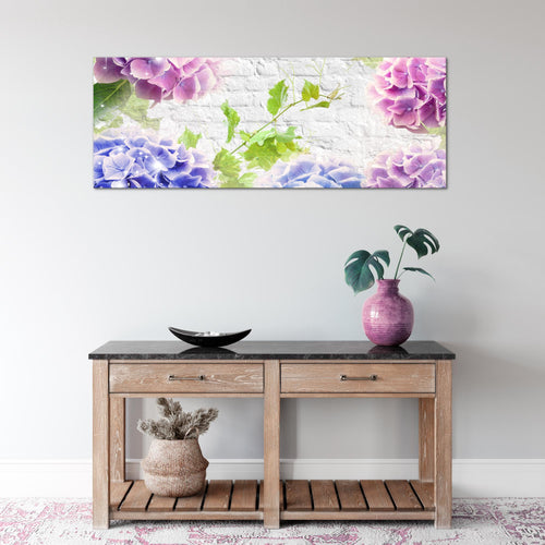 Runa Art Wandbild Blumen Hortensien 1 Teilig 100 x 40 cm Modern Bild auf Vlies Leinwand Ziegel Wohnzimmer Bunt 017512a