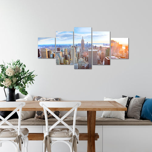Runa Art Wandbilder New York Skyline 5 Teilig Bild auf Vlies Leinwand Deko Wohnzimmer Büro NY City Blau Beige 010252a