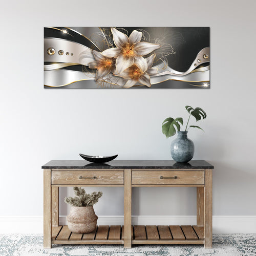 Runa Art Wandbild Blumen Lilien 1 Teilig 100 x 40 cm Modern Bild auf Vlies Leinwand Abstrakt Wohnzimmer Gelb Gold 039612a