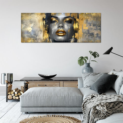 Runa Art Wandbild Abstrakt 100 x 40 cm Modern Bild auf Vlies Leinwand Gold Wohnzimmer Schlafzimmer Büro Gesicht 052812a
