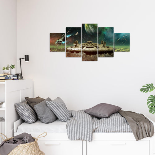 Runa Art Wandbilder Kinderzimmer Weltall Raumschiff 5 Teilig Bild auf Vlies Leinwand Deko Babyzimmer Spielzimmer Jugendzimmer Türkis Beige 611552a
