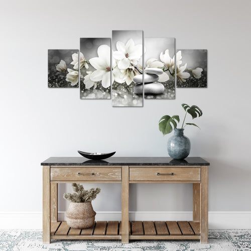 Runa Art Wandbilder Blumen Magnolien 5 Teilig Bild auf Vlies Leinwand Deko Wohnzimmer Abstrakt Schwarz Weiss 035452c
