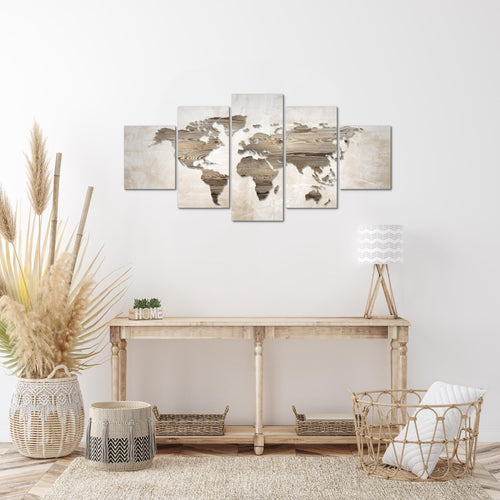 Runa Art Wandbilder Weltkarte 5 Teilig Bild auf Vlies Leinwand Deko Büro Wohnzimmer Abstrakt Beige Braun 035052a