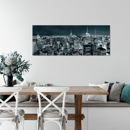 Runa Art Wandbild New York Skyline 1 Teilig 100 x 40 cm Modern Bild auf Vlies Leinwand USA Wohnzimmer Büro Türkis Blau 036212b