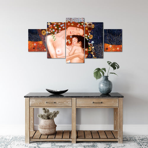 Runa Art Wandbilder Gustav Klimt Mutter und Kind 5 Teilig Bild auf Vlies Leinwand Deko Wohnzimmer Frau Braun 700252a