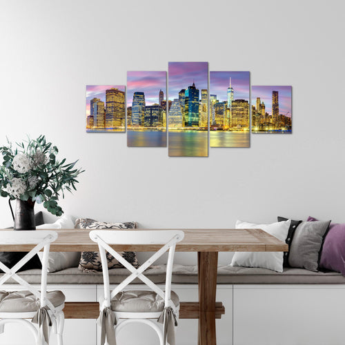 Runa Art Wandbilder New York City 5 Teilig Bild auf Vlies Leinwand Deko Wohnzimmer Büro Amerika NY Lila Bunt 010052c