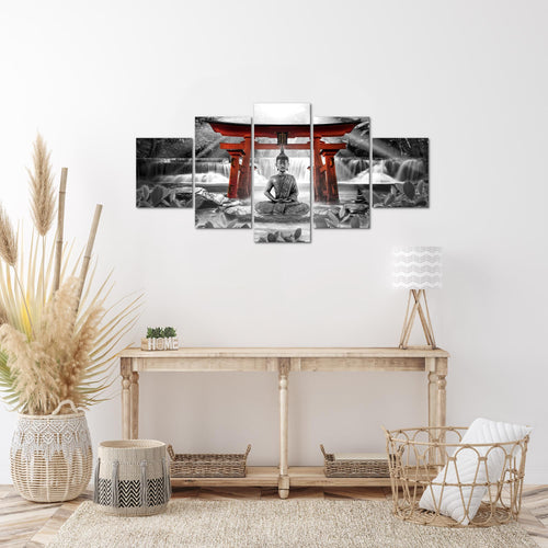 Runa Art Wandbilder Feng Shui Buddha 5 Teilig Bild auf Vlies Leinwand Deko Wohnzimmer Schlafzimmer Zen Rot Grau 036452c