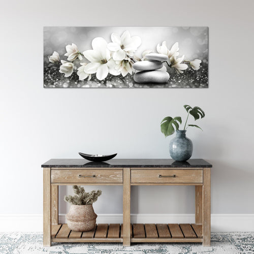 Runa Art Wandbild Blumen Magnolien 1 Teilig 100 x 40 cm Modern Bild auf Vlies Leinwand Abstrakt Wohnzimmer Schwarz Weiss 035412c