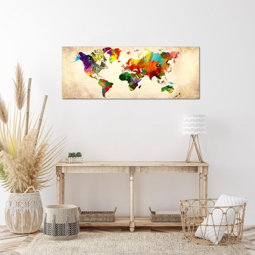 Runa Art Wandbild Weltkarte 1 Teilig 100 x 40 cm Modern Bild auf Vlies Leinwand Kontinente Landkarte Büro Wohnzimmer Bunt 105112a