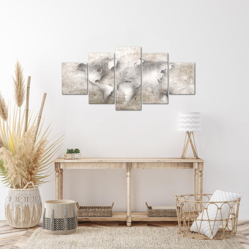 Runa Art Wandbilder Weltkarte 5 Teilig Bild auf Vlies Leinwand Deko Büro Wohnzimmer Steinoptik Beige Braun 025752a