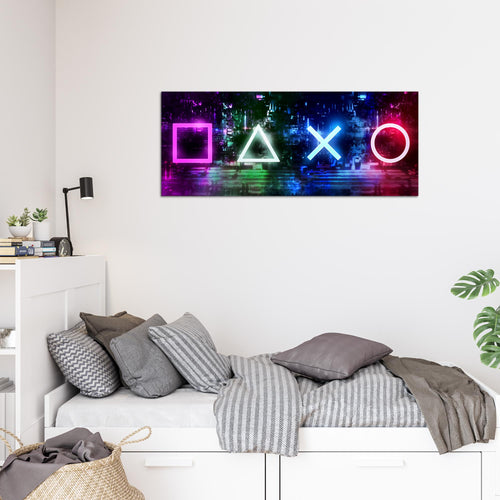 Runa Art Wandbild Gamer 100 x 40 cm Modern Bild auf Vlies Leinwand Lila Kinderzimmer Formen 038812a