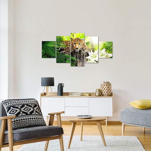 Runa Art Wandbilder Afrika Leopard 5 Teilig Bild auf Vlies Leinwand Deko Wohnzimmer Schlafzimmer Raubkatze Dschungel Grün 006752b