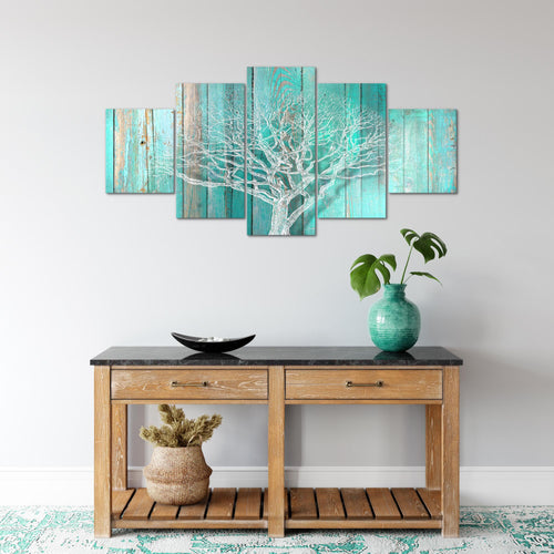 Runa Art Wandbilder Baum Abstrakt 5 Teilig Bild auf Vlies Leinwand Deko Wohnzimmer Holzmotiv Türkis Grau 039952c