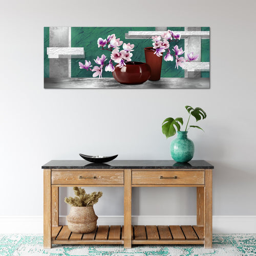 Runa Art Wandbild Blumen Abstrakt 1 Teilig 100 x 40 cm Modern Bild auf Vlies Leinwand Blumenvase Wohnzimmer Türkis Grau 035212b