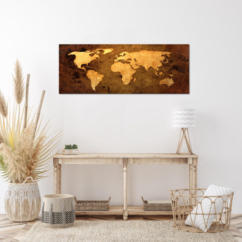 Runa Art Wandbild Weltkarte 1 Teilig 100 x 40 cm Modern Bild auf Vlies Leinwand Vintage Antik Büro Wohnzimmer Gold 101712a