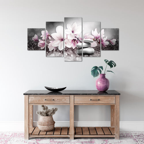 Runa Art Wandbilder Blumen Magnolien 5 Teilig Bild auf Vlies Leinwand Deko Wohnzimmer Abstrakt Grau Rosa 035452a