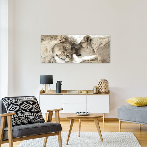 Runa Art Wandbild Löwen Liebe 1 Teilig 100 x 40 cm Modern Bild auf Vlies Leinwand Löwe und Löwin Wohnzimmer Schlafzimmer Beige 002112b