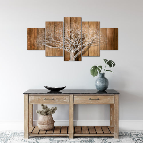 Runa Art Wandbilder Baum Abstrakt 5 Teilig Bild auf Vlies Leinwand Deko Wohnzimmer Holzmotiv Beige Braun 039952a