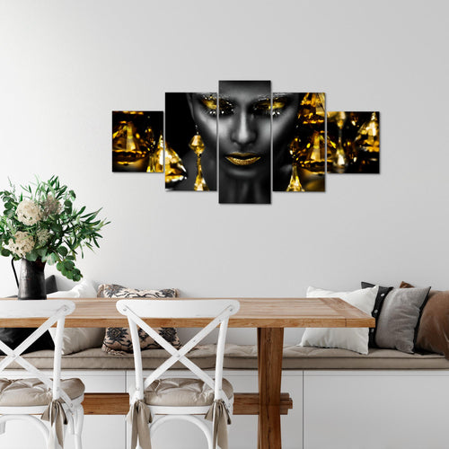 Runa Art Wandbilder Frau Gesicht Lippen 5 Teilig Bild auf Vlies Leinwand Deko Wohnzimmer Schlafzimmer Kosmetik Fashion Schwarz Gold 042152c