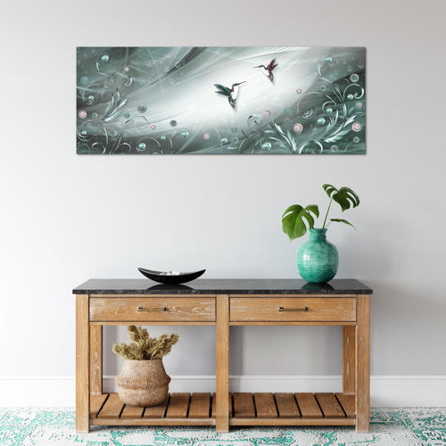 Runa Art Wandbild Vintage Vogel 1 Teilig 100 x 40 cm Modern Bild auf Vlies Leinwand Abstrakt Wohnzimmer Schlafzimmer Türkis Grau 038312b