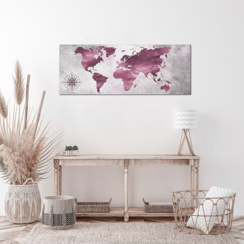 Runa Art Wandbild Weltkarte 1 Teilig 100 x 40 cm Modern Bild auf Vlies Leinwand Vintage Antik Büro Wohnzimmer Pink 026012b