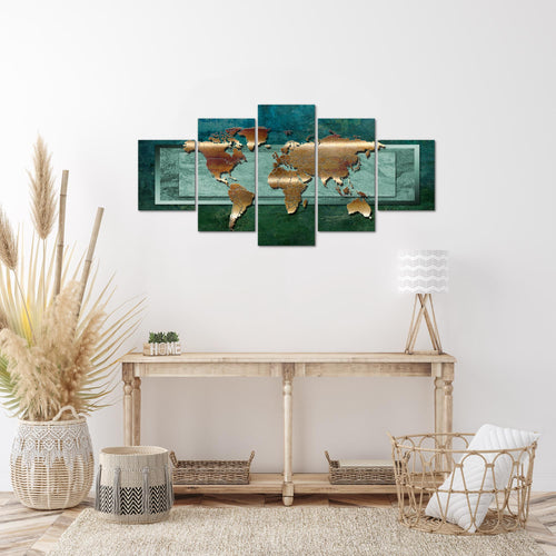 Runa Art Wandbilder Weltkarte 5 Teilig Bild auf Vlies Leinwand Deko Büro Wohnzimmer Landkarte metall Grün 106752b
