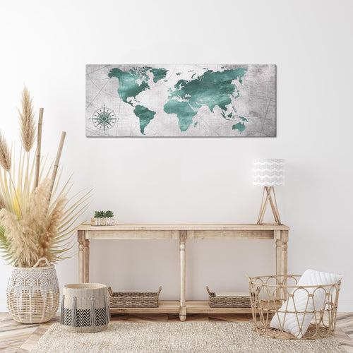 Runa Art Wandbild Weltkarte 1 Teilig 100 x 40 cm Modern Bild auf Vlies Leinwand Vintage Büro Wohnzimmer Grün Grau 026012c