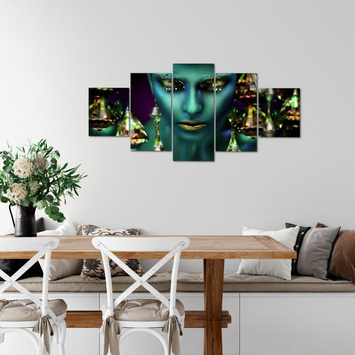Runa Art Wandbilder Frau Gesicht Lippen 5 Teilig Bild auf Vlies Leinwand Deko Wohnzimmer Schlafzimmer Kosmetik Fashion Türkis Gold 042152a