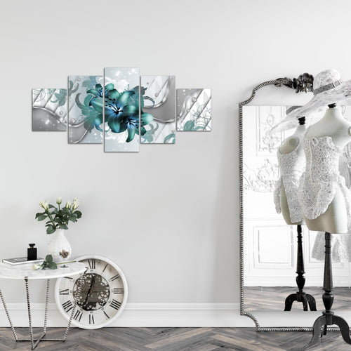 Runa Art Wandbilder Blumen Lilien 5 Teilig Bild auf Vlies Leinwand Deko Wohnzimmer Abstrakt Grau Türkis 016552a