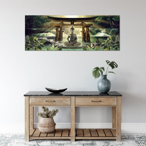Runa Art Wandbild Feng Shui Buddha 1 Teilig 100 x 40 cm Modern Bild auf Vlies Leinwand Spa Wohnzimmer Schlafzimmer Grün Braun 036412a