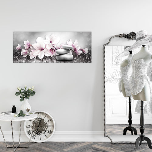 Runa Art Wandbild Blumen Magnolien 1 Teilig 100 x 40 cm Modern Bild auf Vlies Leinwand Abstrakt Wohnzimmer Grau Rosa 035412a