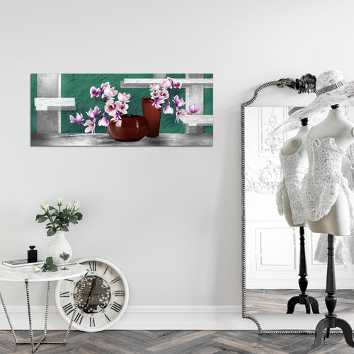 Runa Art Wandbild Blumen Abstrakt 1 Teilig 100 x 40 cm Modern Bild auf Vlies Leinwand Blumenvase Wohnzimmer Türkis Grau 035212b