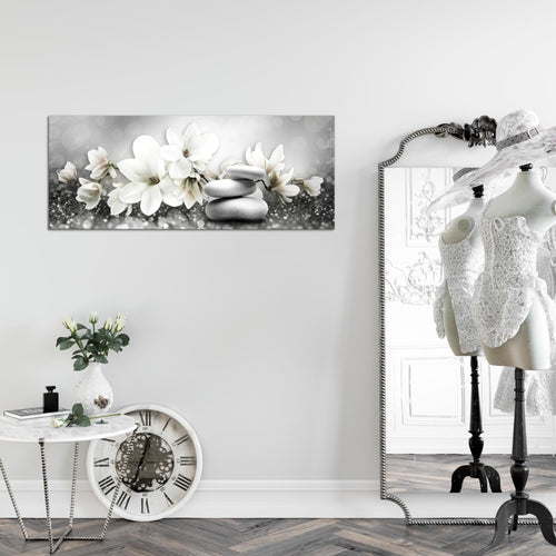 Runa Art Wandbild Blumen Magnolien 1 Teilig 100 x 40 cm Modern Bild auf Vlies Leinwand Abstrakt Wohnzimmer Schwarz Weiss 035412c
