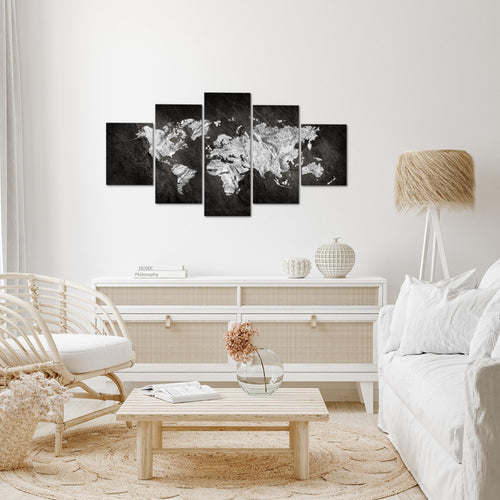 Runa Art Wandbilder Weltkarte 5 Teilig Bild auf Vlies Leinwand Deko Büro Wohnzimmer Kontinente Schwarz Weiss 002952a